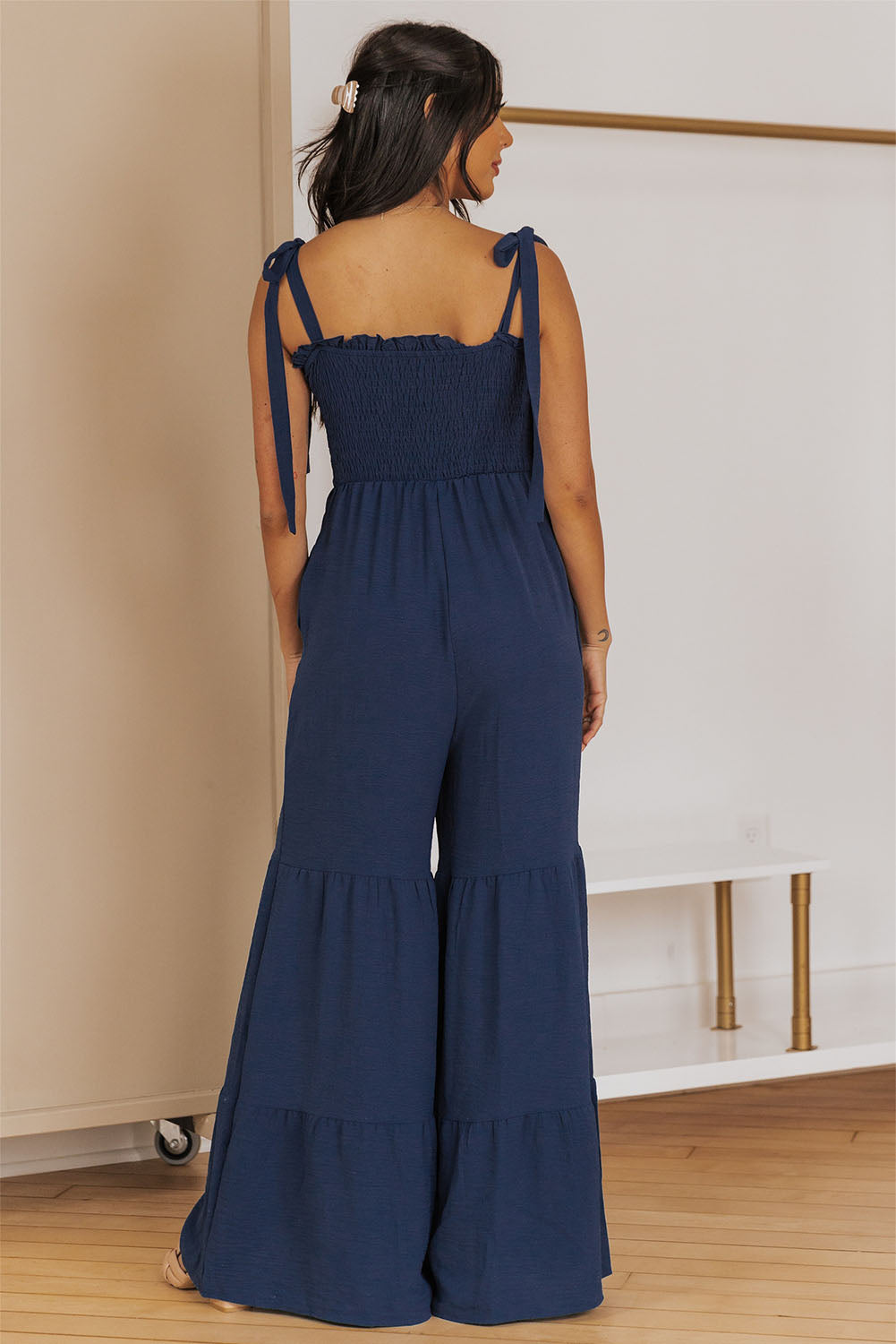 Dark Blue Tie Straps Shirred Casual Tiered Wide Leg Jumpsuit