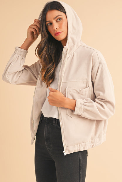 White Corduroy Drawstring Hooded Pocket Zip Up Jacket