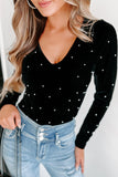 Black Velvet Beaded Long Sleeve V Neck Bodysuit