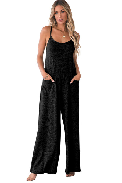 Black Loose Fit Side Pockets Spaghetti Strap Wide Leg Jumpsuit