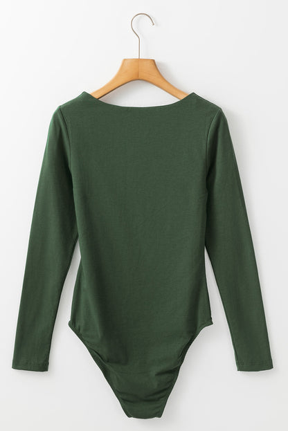 Blackish Green Solid Color Square Neck Long Sleeve Slim Fit Bodysuit