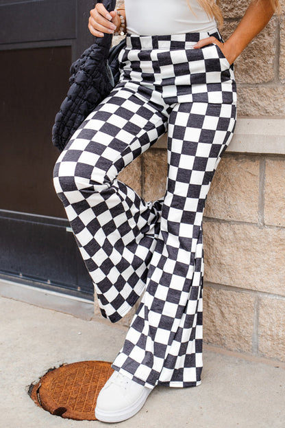 Black Checkered High Rise Flared Pants