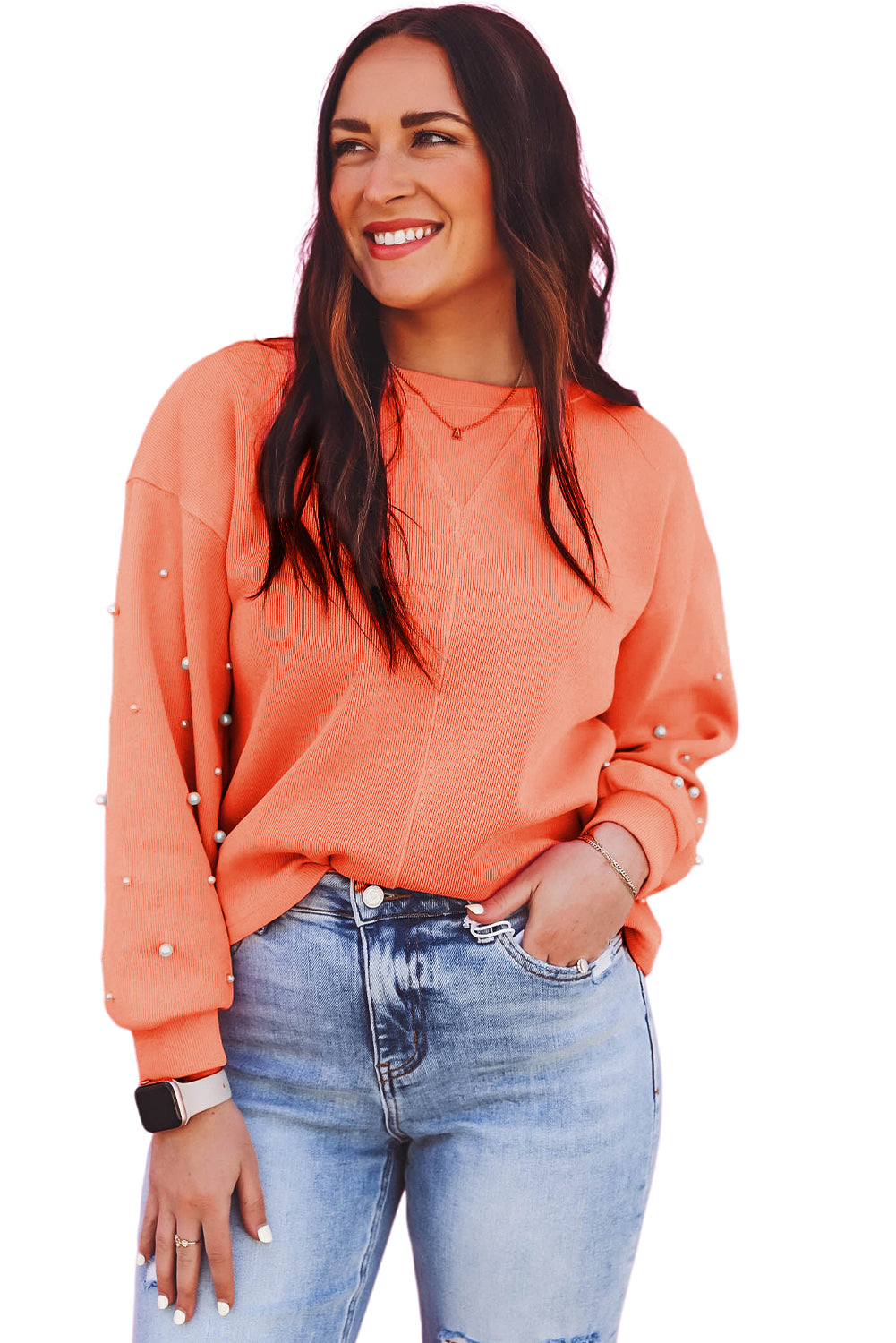 Blossom Pearl Sleeves Ribbed Pullover Sweatshirt