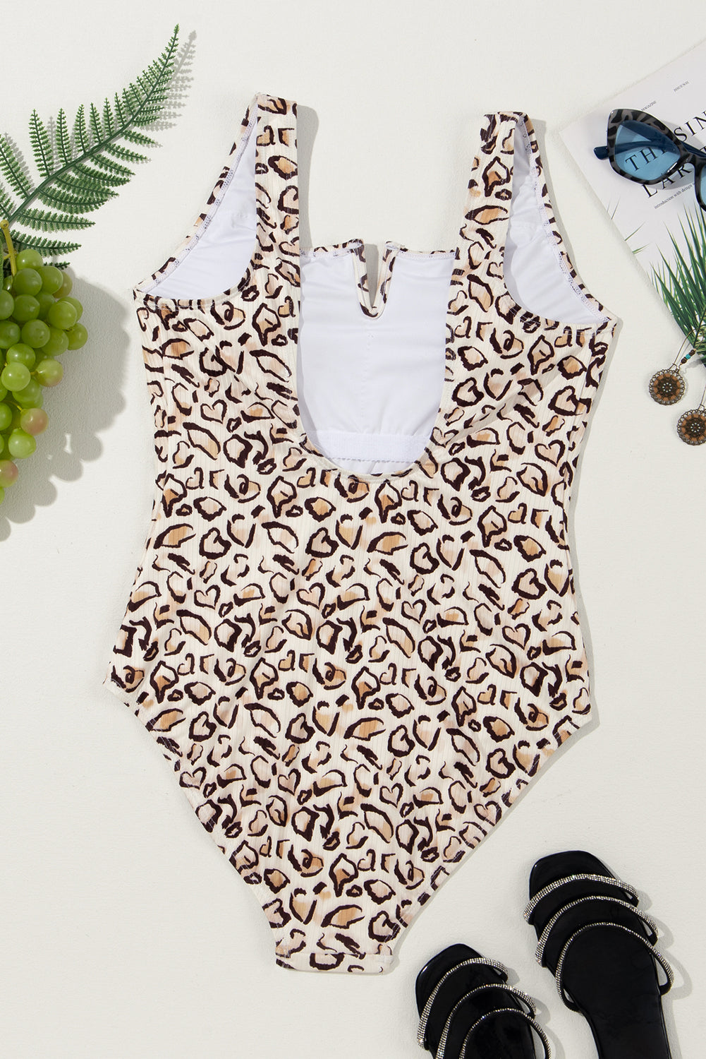 Khaki Leopard Print Notched Neck Backless One Piece Swimsuit