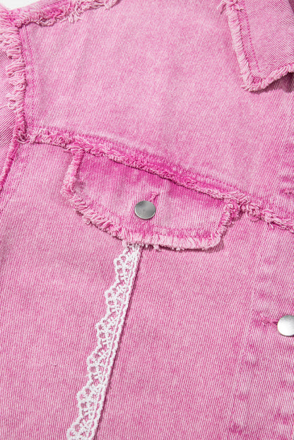 Pink Lace Patchwork Distressed Buttoned Denim Jacket