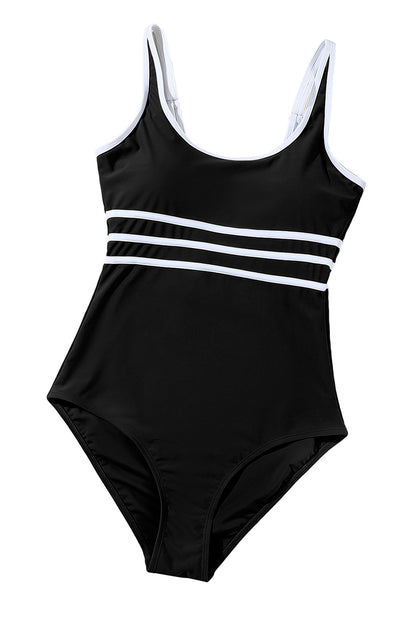 Black Contrast Trim U Neck Adjustable Strap One Piece Swimwear