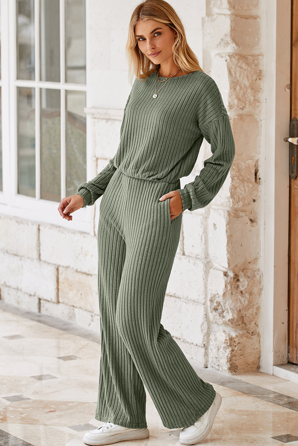 Black Solid Ribbed Knit Keyhole Back High Waist Jumpsuit