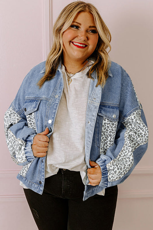 Beau Blue Leopard Patchwork Plus Size Denim Jacket