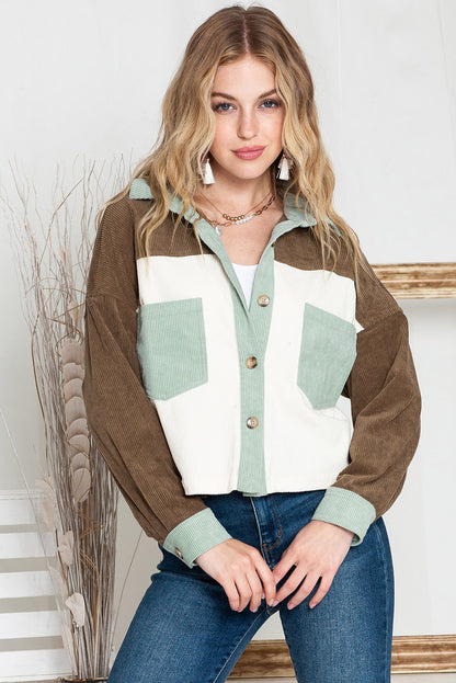 Green Color Block Button Up Cropped Corduroy Jacket