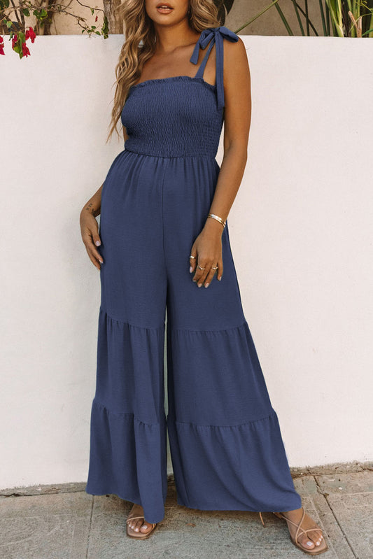 Dark Blue Tie Straps Shirred Casual Tiered Wide Leg Jumpsuit