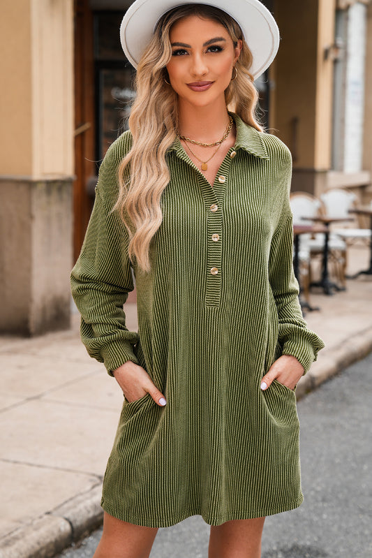 Moss Green Corded Buttons Placket Collared Shift Dress