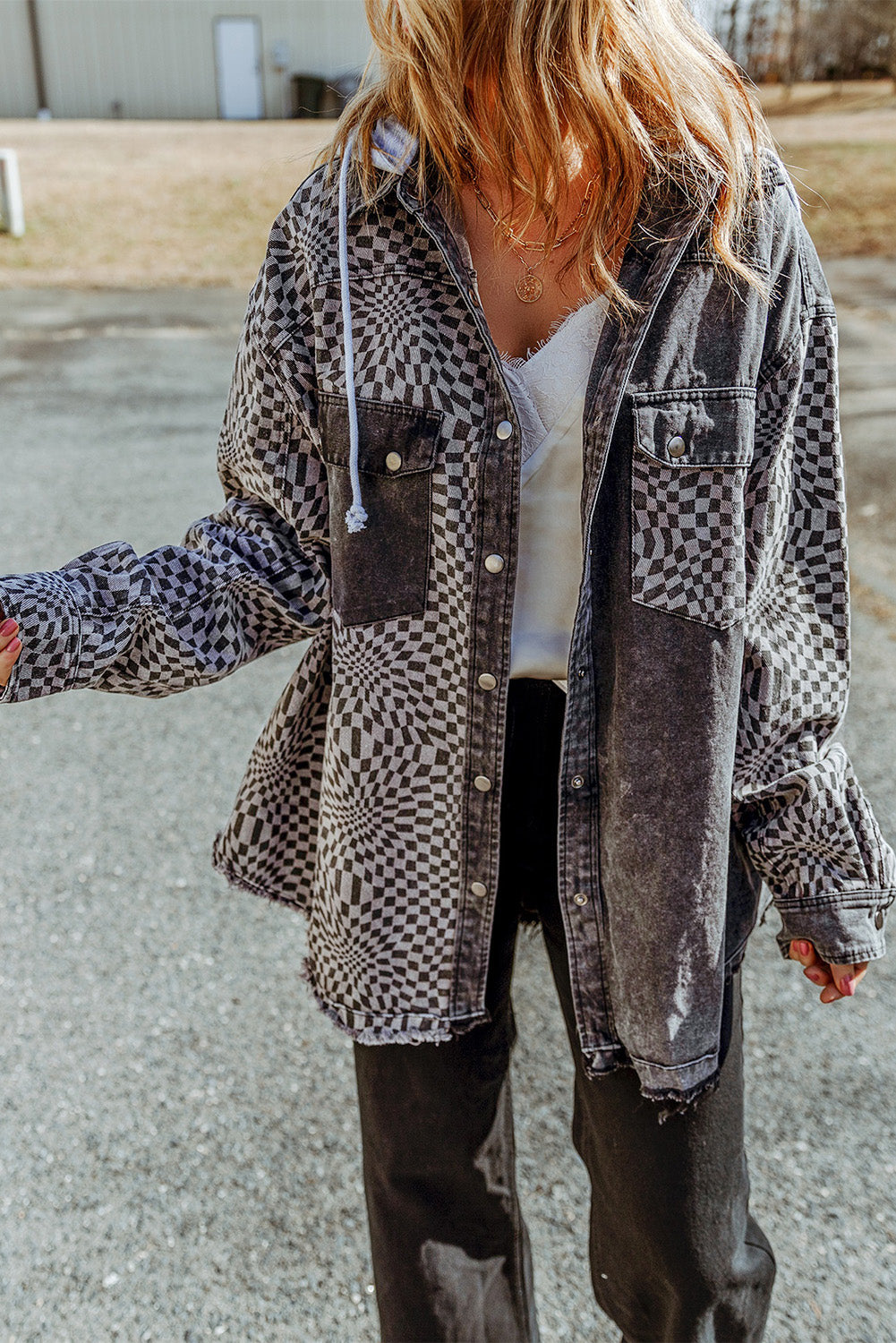 Gray Checked Patchwork Raw Hem Hooded Denim Jacket