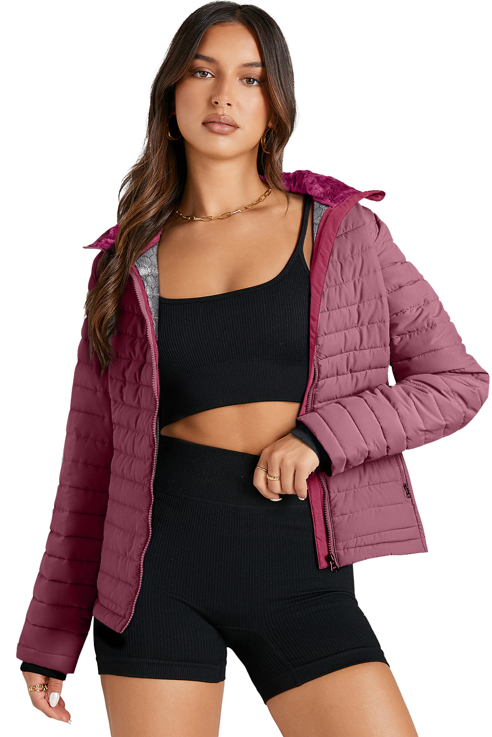 Black Solid Color Quilted Zip-up Puffer Jacket