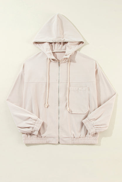 White Corduroy Drawstring Hooded Pocket Zip Up Jacket