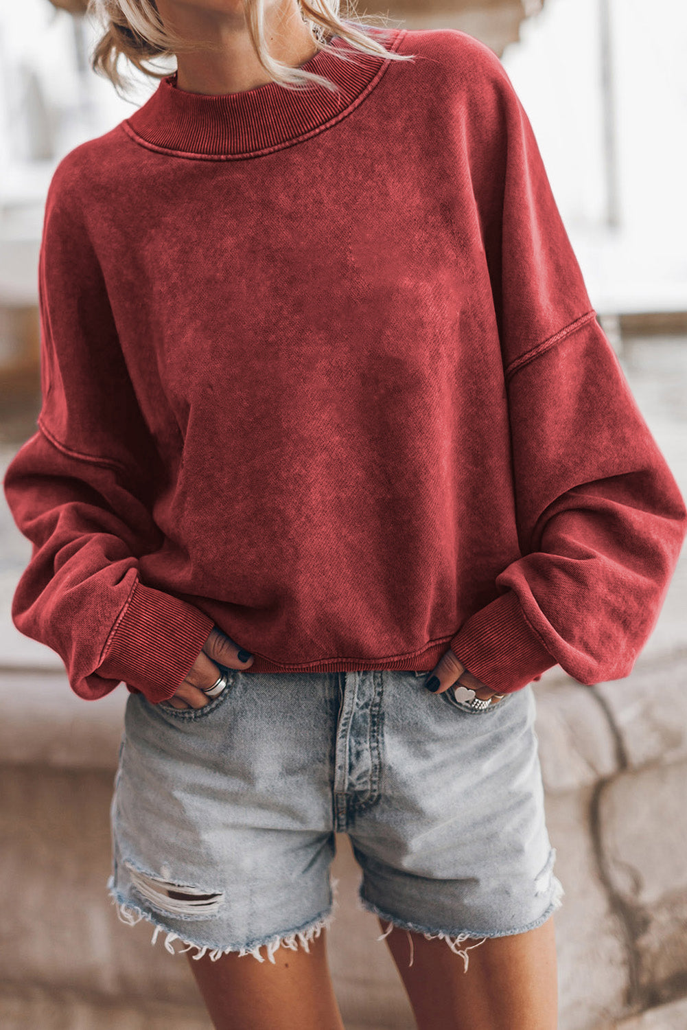 Green Light Plain Washed Drop Shoulder Pullover Sweatshirt