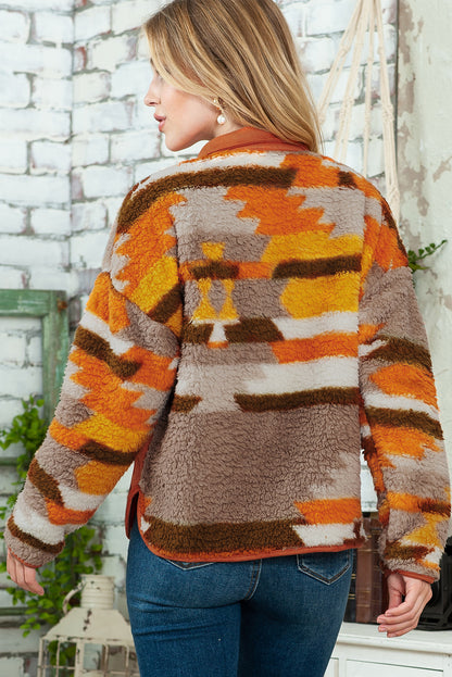 Brown Striped and Geometric Fleece Jacket with Quilted Patch Pockets