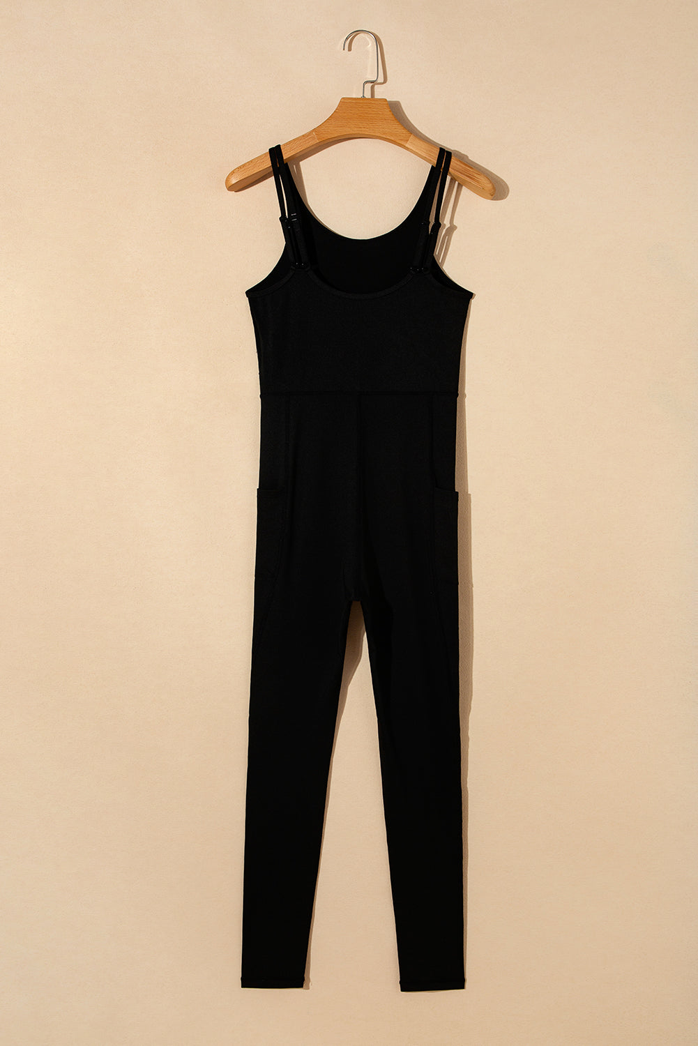 Black High Waist Backless Side Pockets Slim Fit Sports Jumpsuit