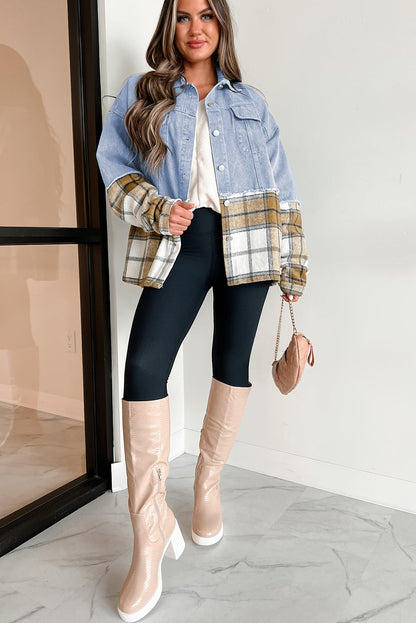 Khaki Plaid Patchwork Buttoned Denim Jacket