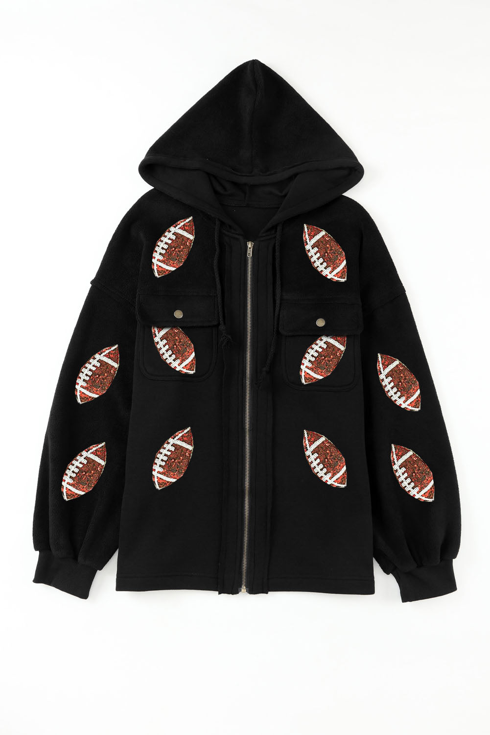 Black Sequined Rugby Graphic Pocketed Zipper Hooded Jacket