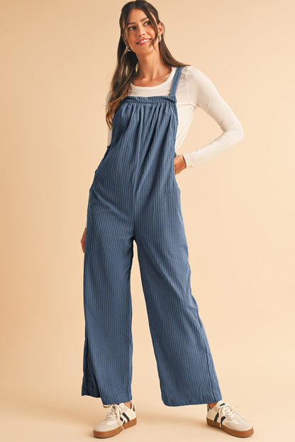 Jungle Green Plain Pocketed Loose Fit Corduroy Overalls