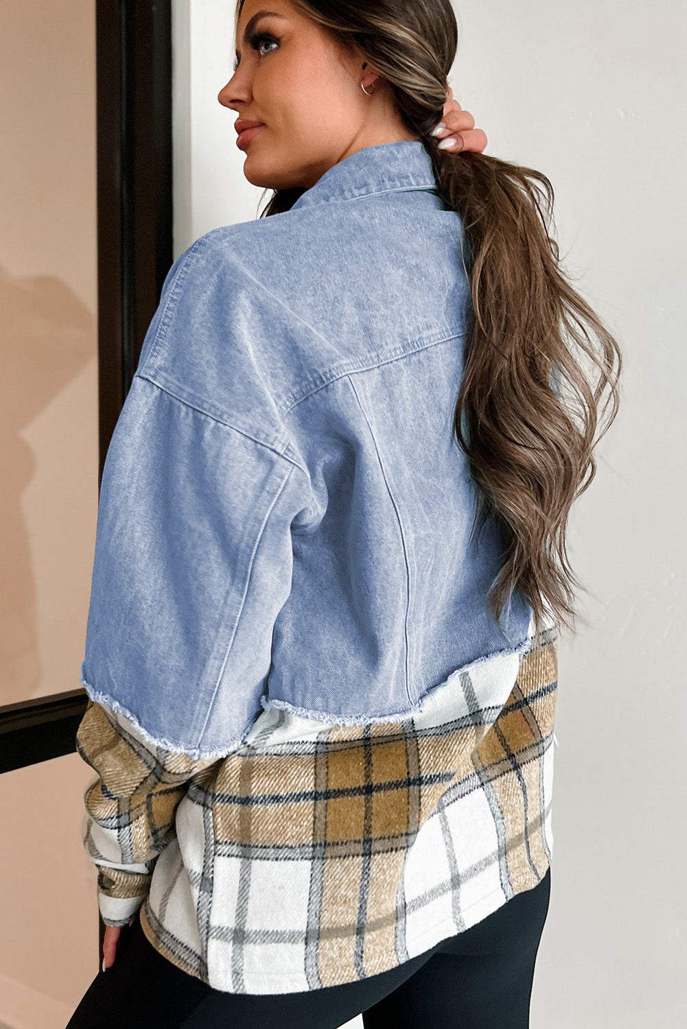 Khaki Plaid Patchwork Buttoned Denim Jacket