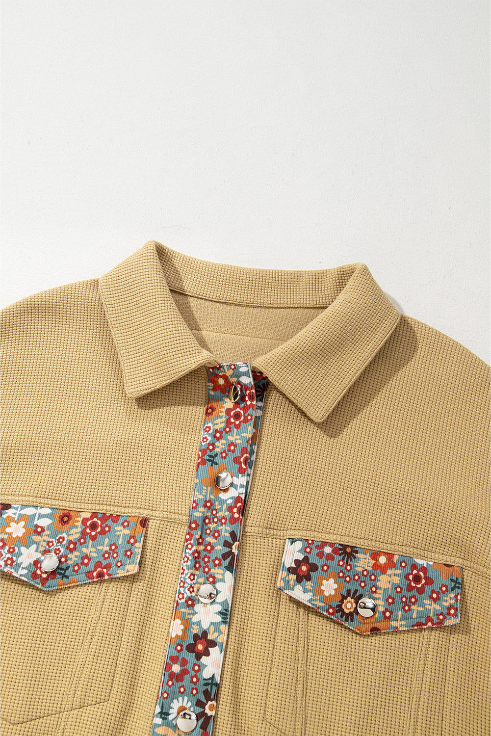 Khaki Waffle Knit Floral Print Patchwork Button Up Jacket