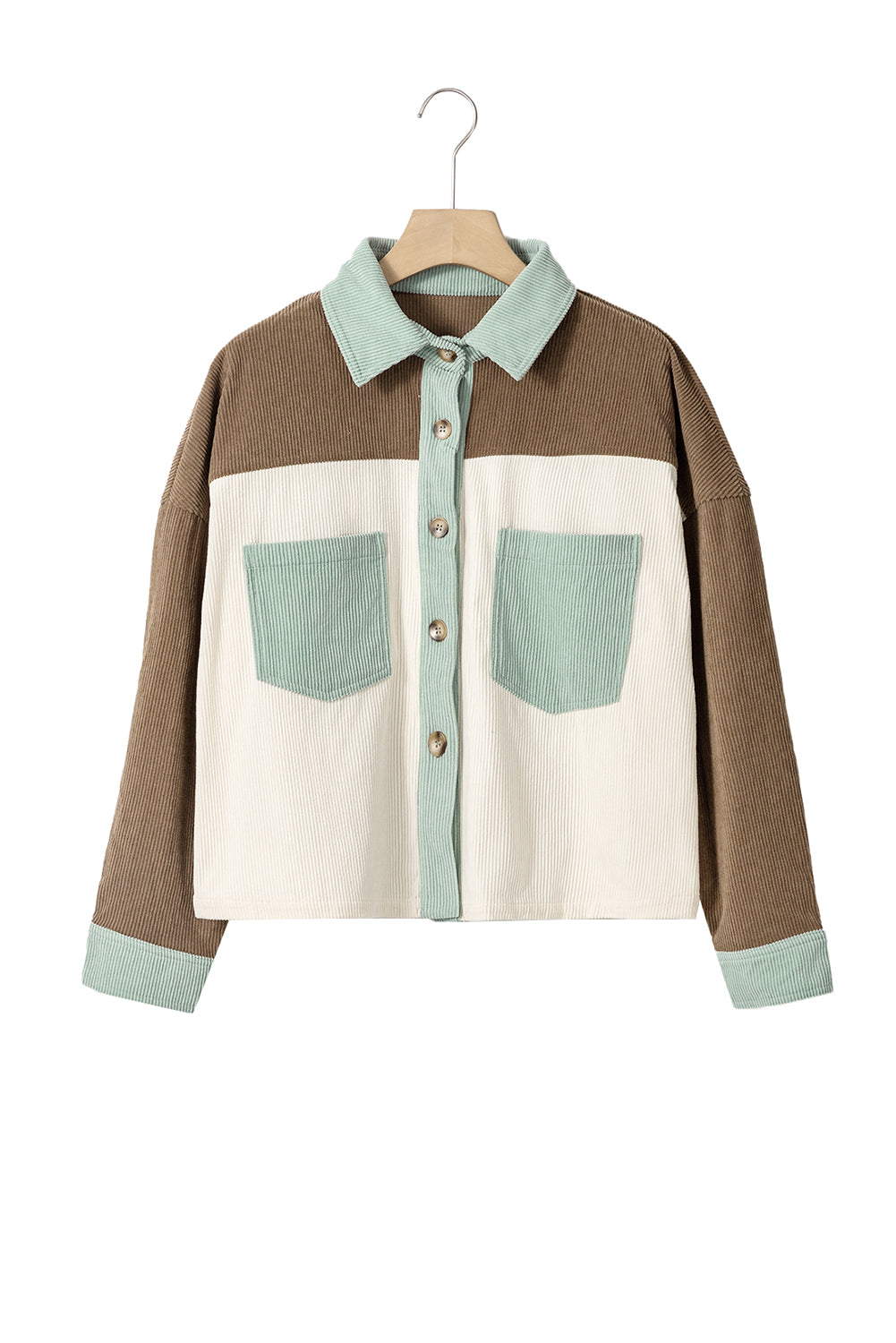 Green Color Block Button Up Cropped Corduroy Jacket