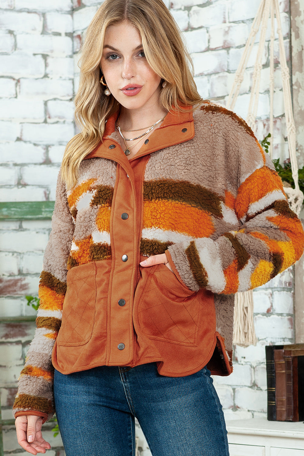 Brown Striped and Geometric Fleece Jacket with Quilted Patch Pockets