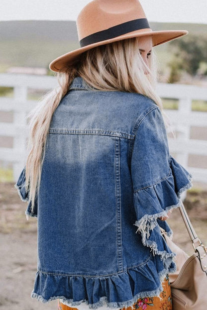 Peacock Blue Raw Edge Bell Short Sleeve Denim Jacket