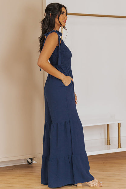 Dark Blue Tie Straps Shirred Casual Tiered Wide Leg Jumpsuit