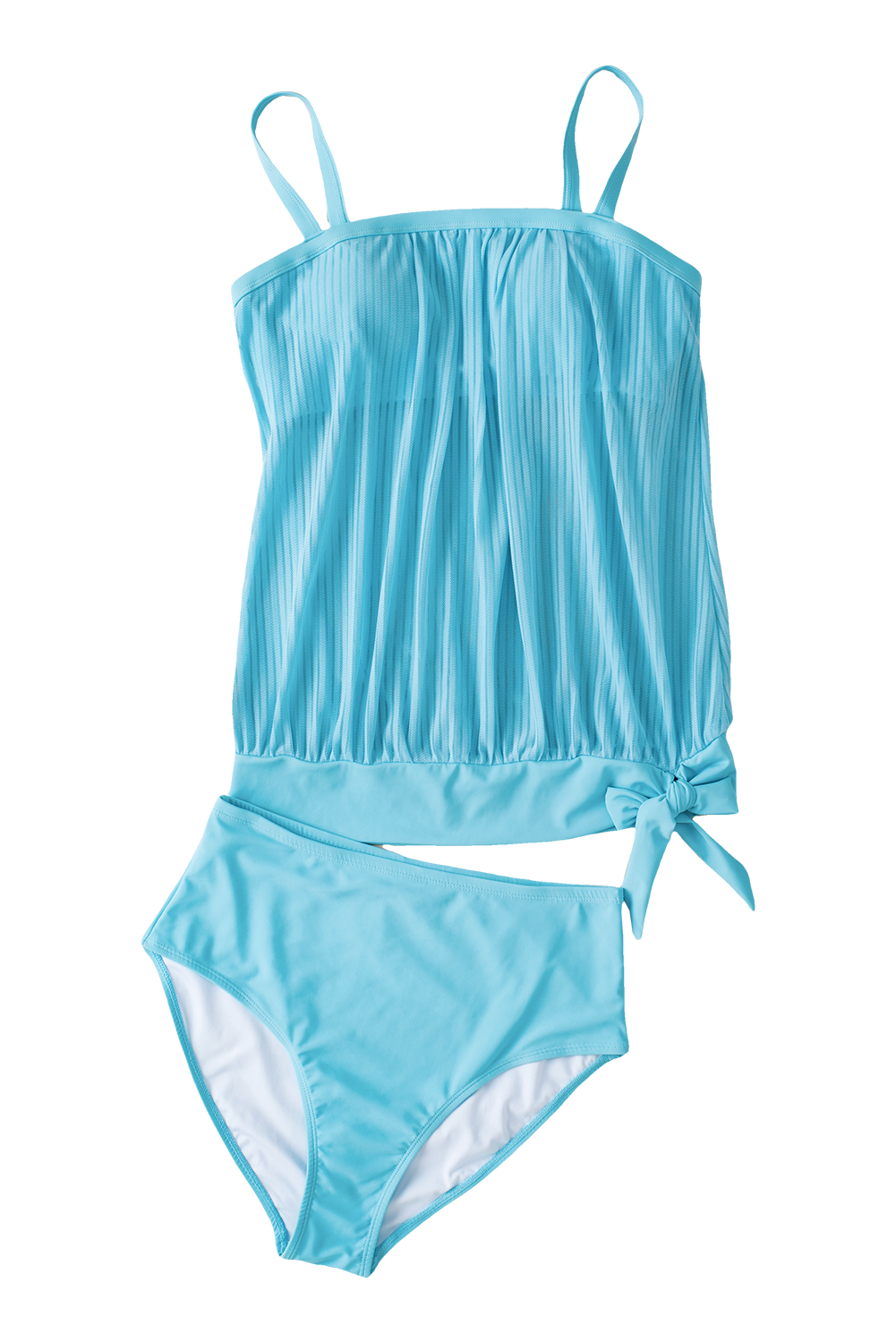 Turquoise Striped Mesh Top and Knotted Bottom Tankini Set