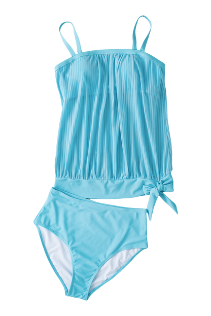 Turquoise Striped Mesh Top and Knotted Bottom Tankini Set