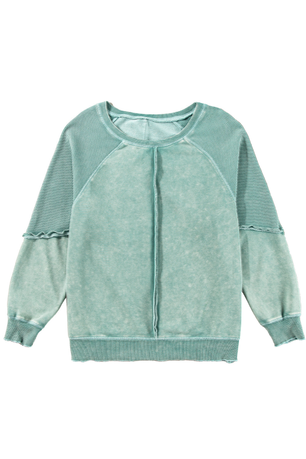 Pink Waffle Patchwork Raglan Sleeve Exposed Seam Sweatshirt