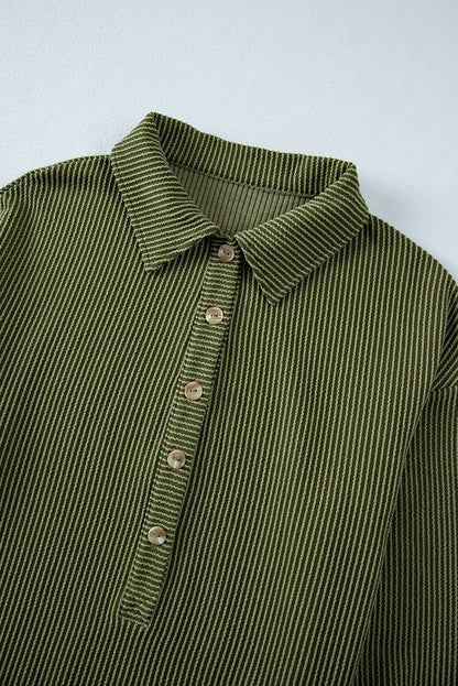 Moss Green Corded Buttons Placket Collared Shift Dress