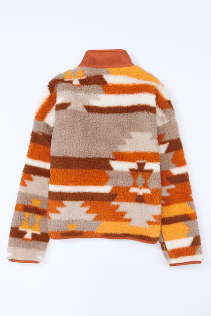 Brown Striped and Geometric Fleece Jacket with Quilted Patch Pockets