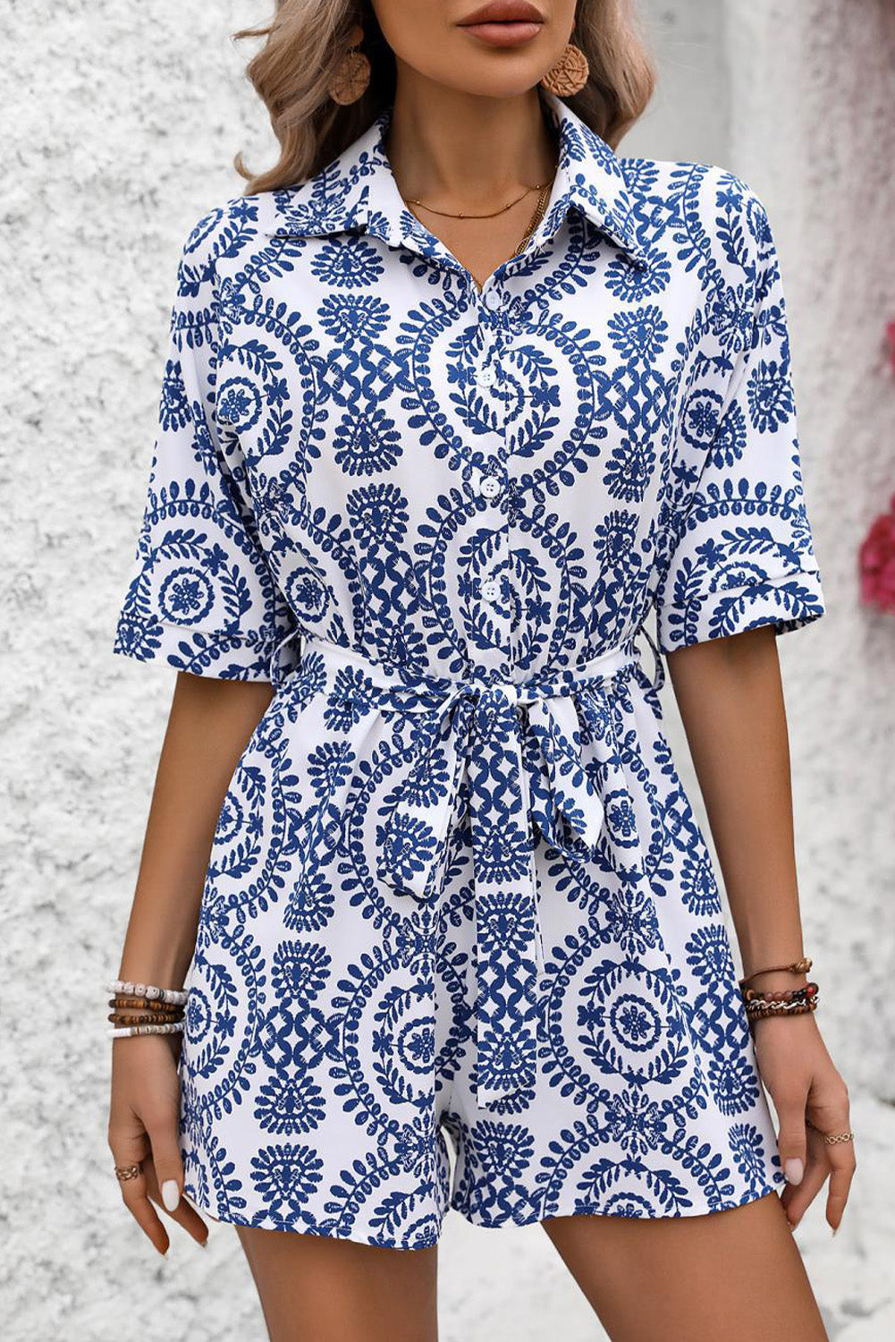 Blue Random Ethnic Print High Waist Half Sleeve Romper