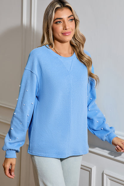 Blossom Pearl Sleeves Ribbed Pullover Sweatshirt