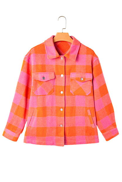 Orange Plaid Chest Pockets Button-up Turn Down Collar Jacket