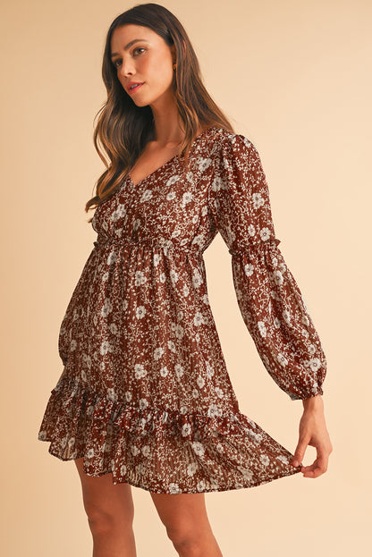 Brown Boho Floral Ruffle Puff Sleeve V Neck Mini Dress