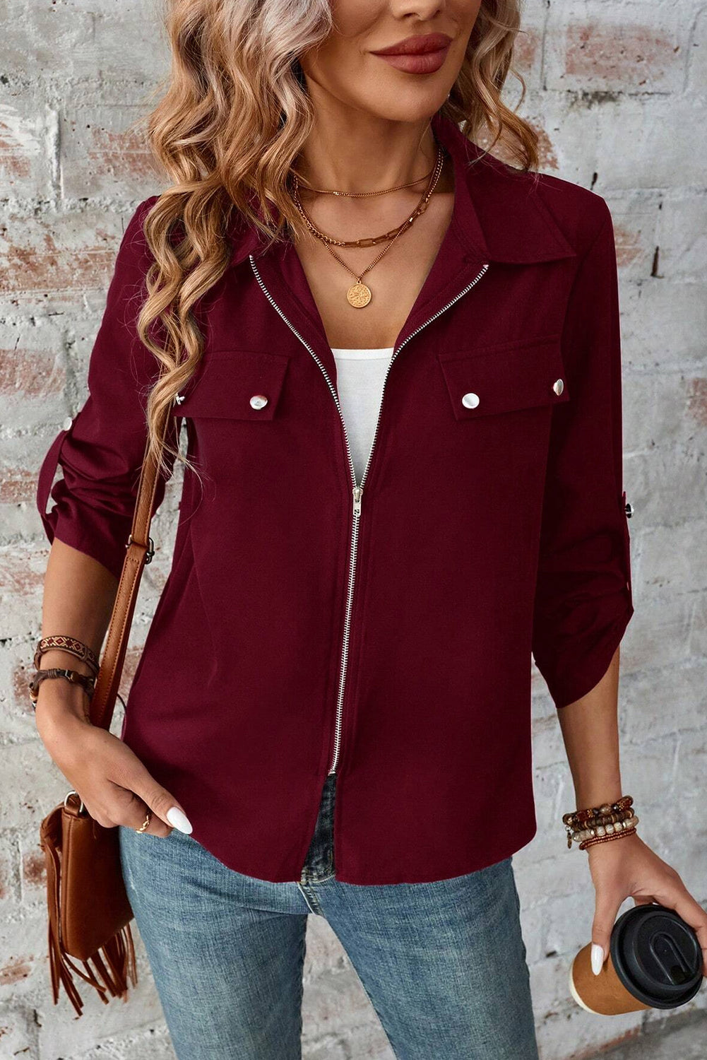 Red Dahlia Collar Tab Sleeve Zip Up Jacket