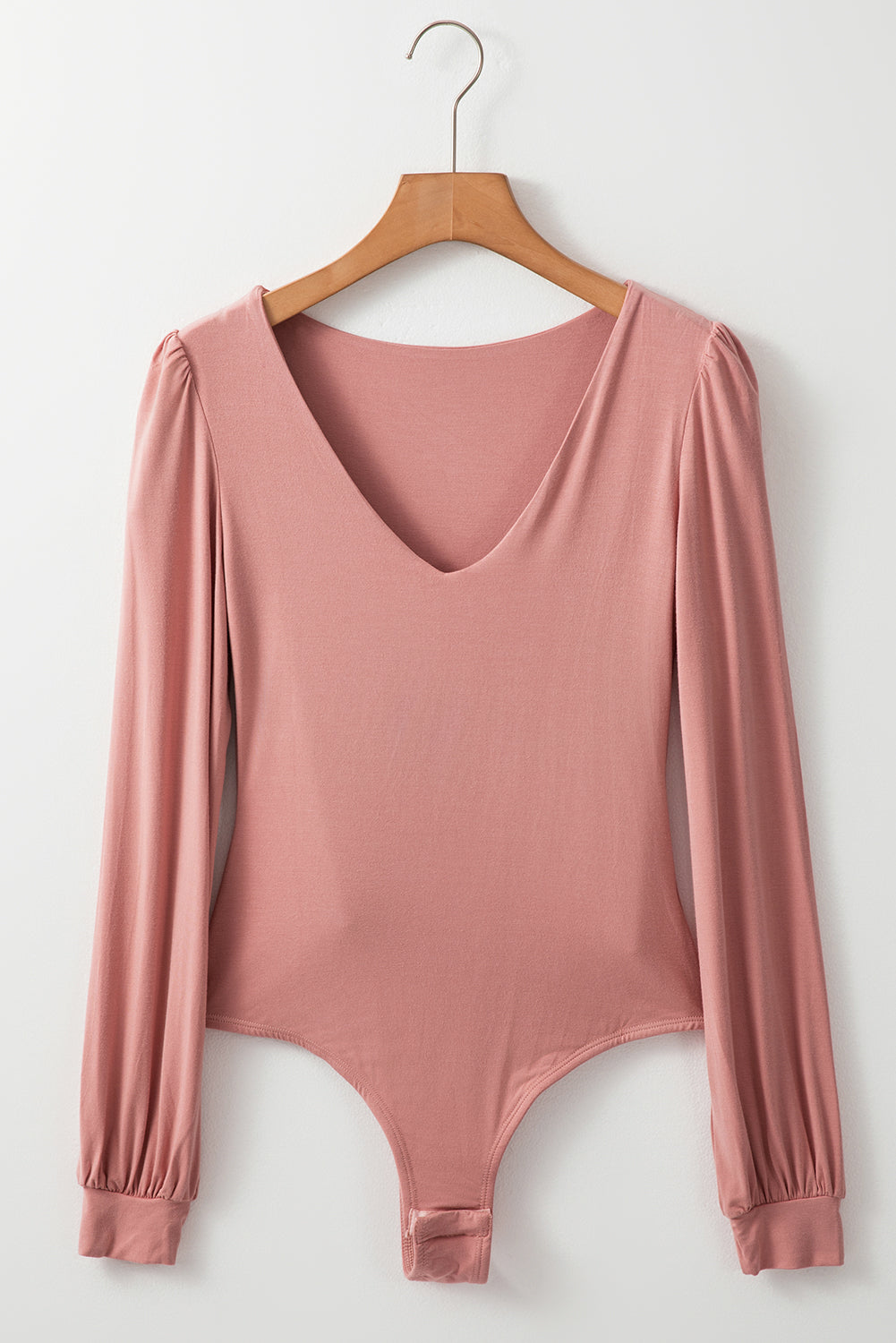 Fushia Plain V neck Puff Sleeve Bodysuit