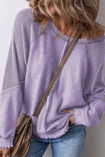 Pink Waffle Patchwork Raglan Sleeve Exposed Seam Sweatshirt