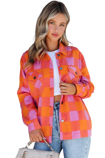 Orange Plaid Chest Pockets Button-up Turn Down Collar Jacket