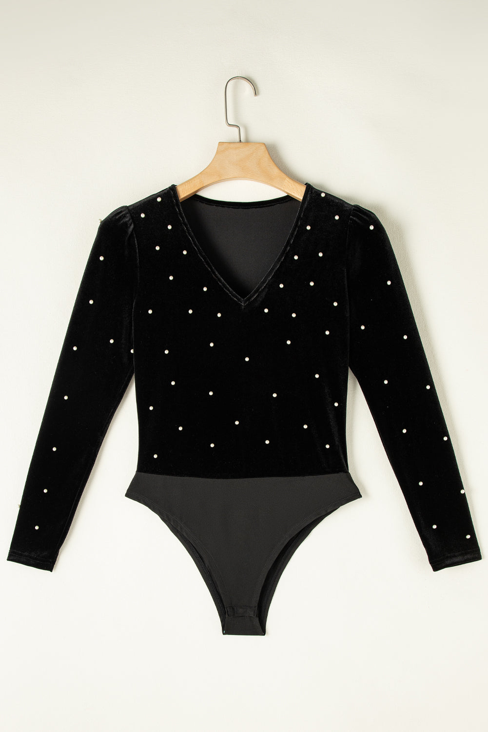 Black Velvet Beaded Long Sleeve V Neck Bodysuit