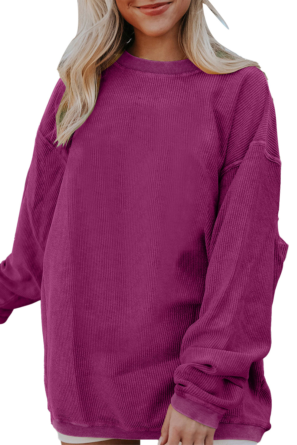 Festival Fuchsia Plain Drop Sleeve Crinkle Rib Oversized Sweatshirt