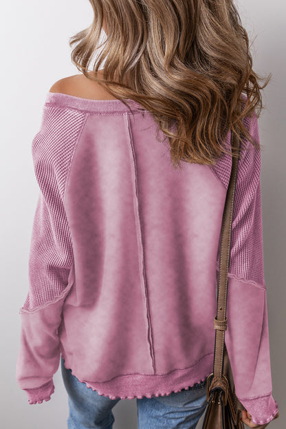 Pink Waffle Patchwork Raglan Sleeve Exposed Seam Sweatshirt