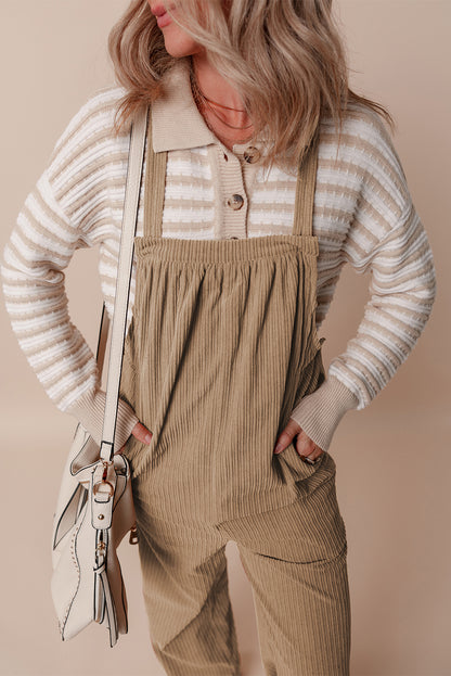 Jungle Green Plain Pocketed Loose Fit Corduroy Overalls