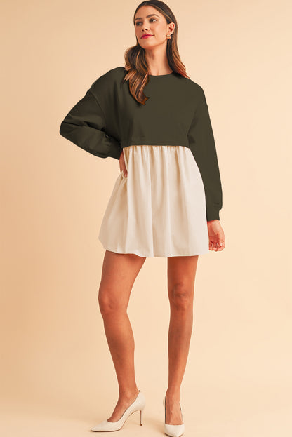 Jungle Green Sweatshirt Patchwork Flowy Pleated Mini Dress