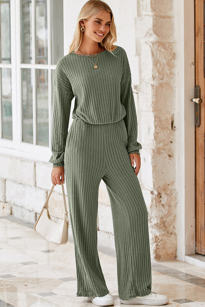 Black Solid Ribbed Knit Keyhole Back High Waist Jumpsuit