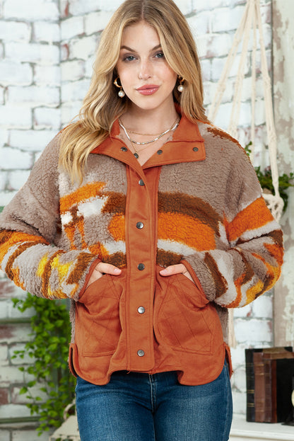 Brown Striped and Geometric Fleece Jacket with Quilted Patch Pockets